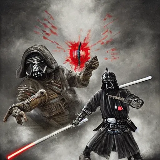 Image similar to highly detailed painting of a samurai battling zombies, gruesome, scary, sci-fi, hyper realistic, in the style of Star Wars, noir