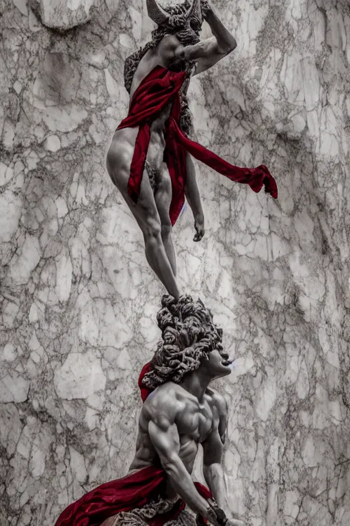 Image similar to a cinematic view of a ornated holy sacred faun statue made by black carrara marble using a old red silk veil and chrome ornaments made by hedi xandt, chris haas and bernini, realistic, macabre art, detailed image, photorealistic, volummetric light