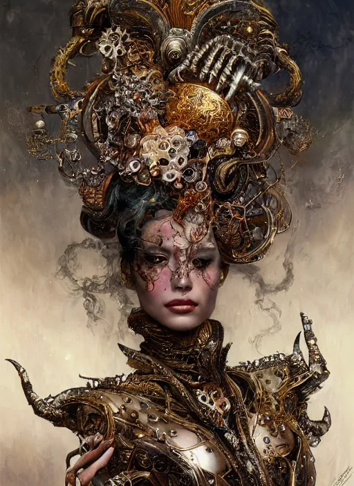 Image similar to expressive photo of sophia lauren, ornate headpiece made from metals, hyper maximalist, elegant, body horror, by karol bak nd yoshitaka amano and greg rutkowski and jeremyg lipkinng and artgerm, photorealistic, fashion photography, hyperrealistic, photography