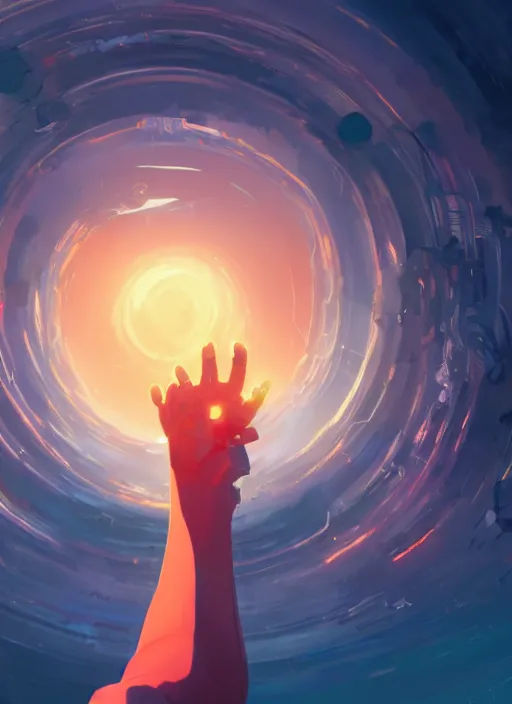 Image similar to zoomed out hand!!! with and eye in the center, floating in a spiraling abyss, scifi, liminal space, painted by pedro correa, cory loftis, james gilleard, atey ghailan, makoto shinkai, goro fujita, studio ghibli