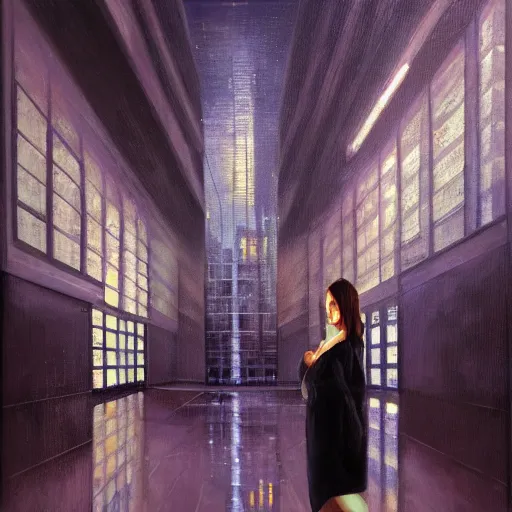 Image similar to beautiful woman, courtyard, capital, cybermosque interior, control panel, watcher, omniscient, tech noir, wet reflections, impressionism, matte painting, speed painting, chiaroscuro, oil on canvas