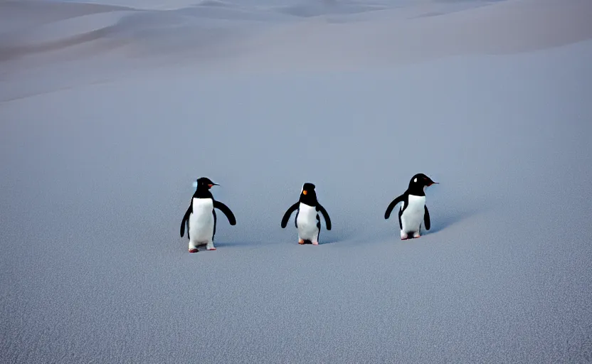 Prompt: confused penguins in sand dunes, photography