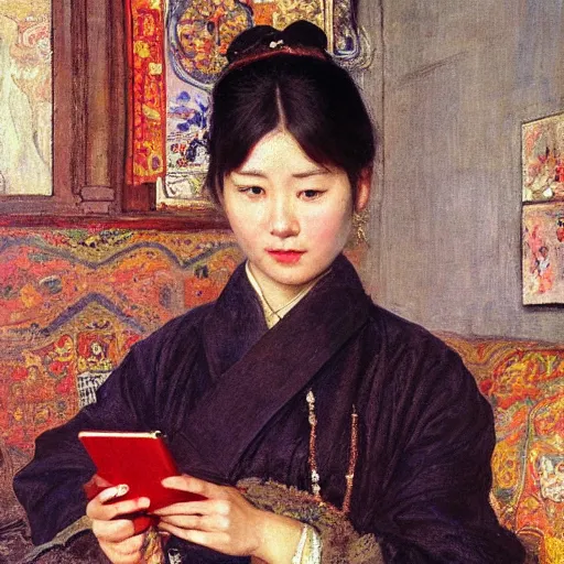 Image similar to portrait of asian beautiful woman watching smartphone masterpiece painting by vasnetsov and surikov, JEAN-VICTOR BERTIN, by Terence Cuneo, detailed, artfully traced, 4k resolution, cinematic