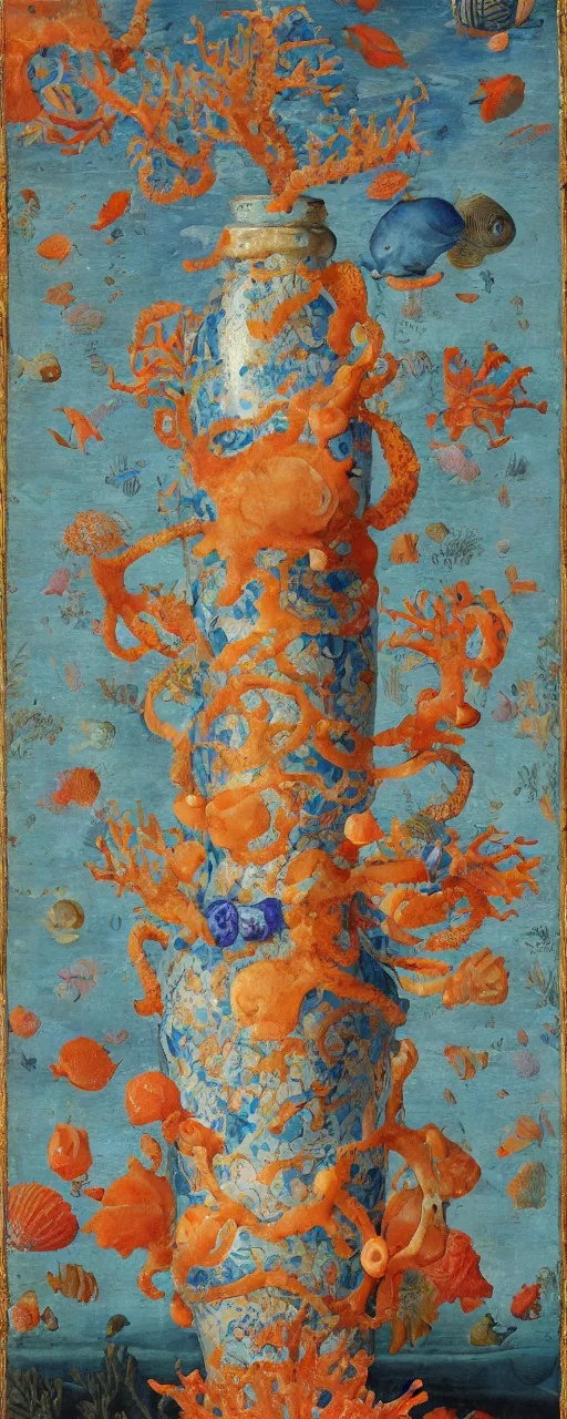 Image similar to bottle vase of coral under the sea decorated with a dense field of stylized scrolls that have opaque outlines enclosing mottled blue washes, with orange shells and purple fishes, Ambrosius Bosschaert the Elder, oil on canvas, hyperrealism, around the edges of there are no objects