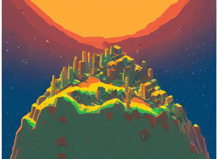 Prompt: isometric view of mountaintop building overlooking an autumnal galaxy by james gilleard, textured, detailed, beautiful, 8 k wallpaper