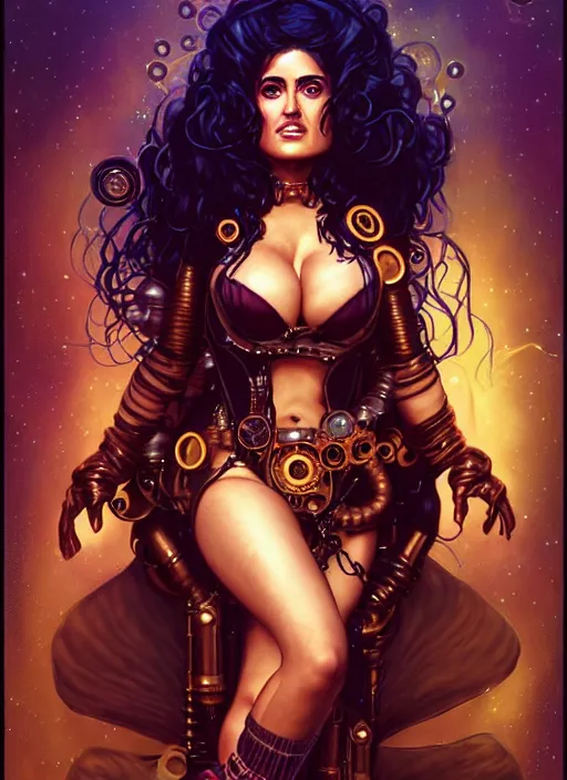 Prompt: glowwave portrait of salma hayek as a steampunk sorceress, hyper detailed, art style by klimt and nixeu and ian sprigger and wlop and krenz cushart.