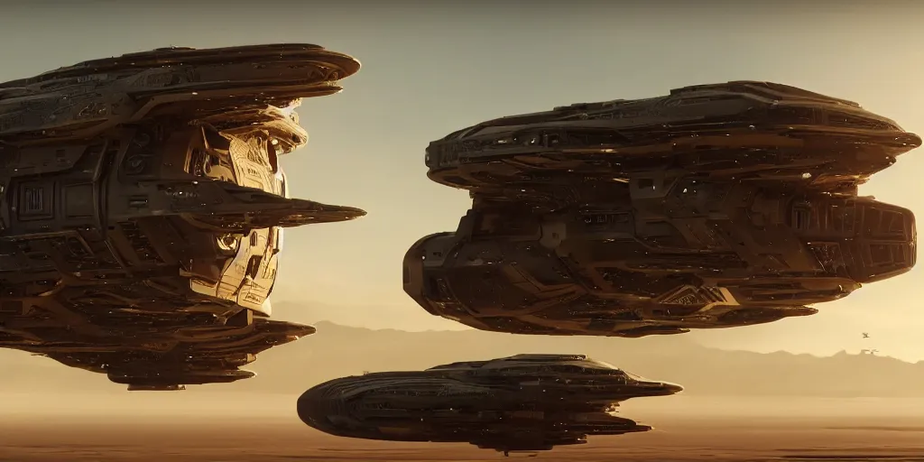 Prompt: spaceship from the movie dune, 2 0 2 1 cinematic 4 k framegrab, intricate abstract spaceship floating detailed docking ports. flying creatures in the distant sky