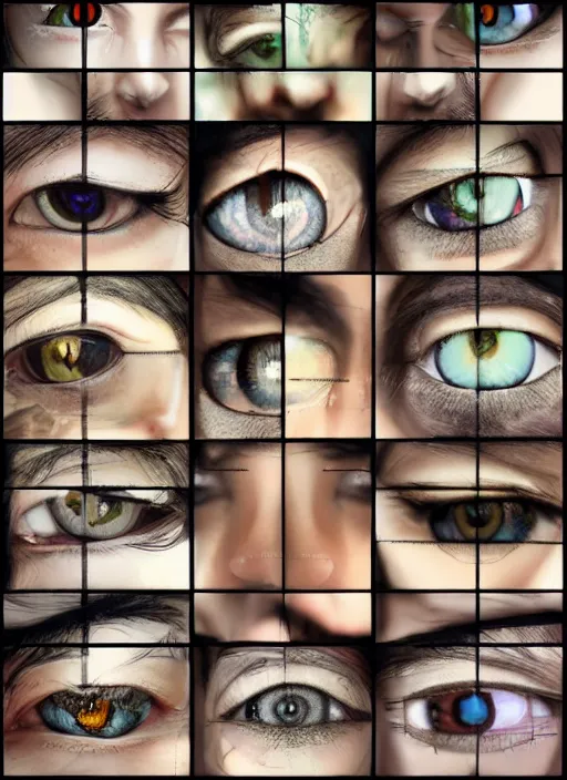 Image similar to grid montage of square shaped eyes, square shaped dilated pupils, square irises, detailed colored textures, eyelashes, advanced art, art styles mix, from wikipedia, wet reflections in eyes, sunshine light, hd macro photograph, from side, various eyelid positions, square black pupil centered