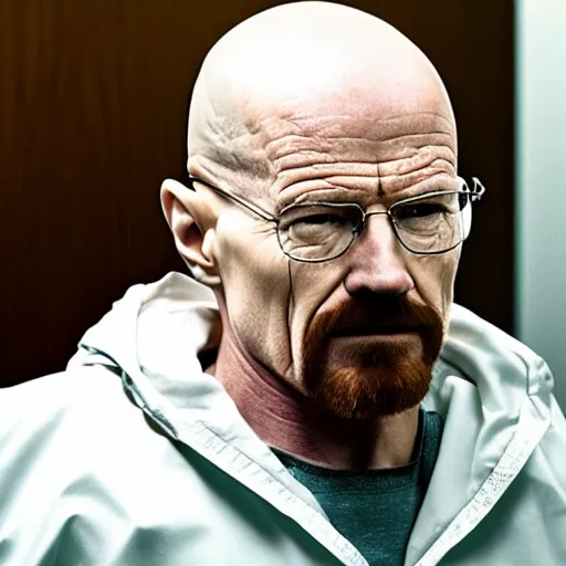 Image similar to walter white wears oxygen mask on face. he sits in a wheelchair in a courtroom. cinematic lighting