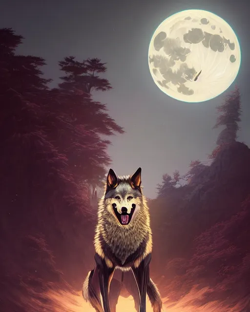 Prompt: highly detailed surreal vfx portrait of a samurai wolf in front of a full moon, stephen bliss, unreal engine, greg rutkowski, loish, rhads, beeple, makoto shinkai and lois van baarle, ilya kuvshinov, rossdraws, tom bagshaw, alphonse mucha, global illumination, detailed and intricate environment