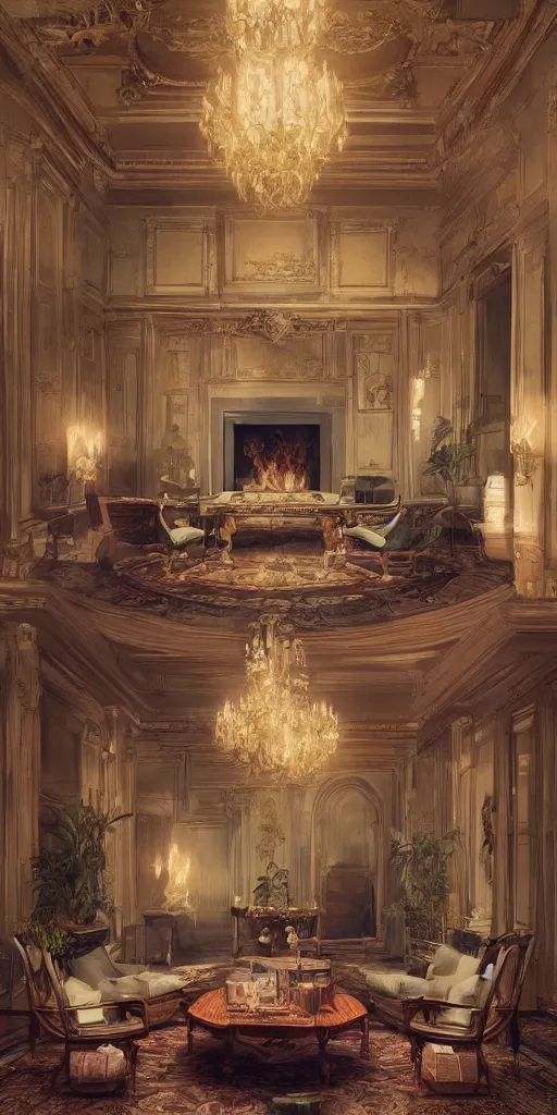 Image similar to photo of a stunning mansion lobby. cozy. fireplace. trending on artstation. cgsociety. art by greg rutkowski and moebius.