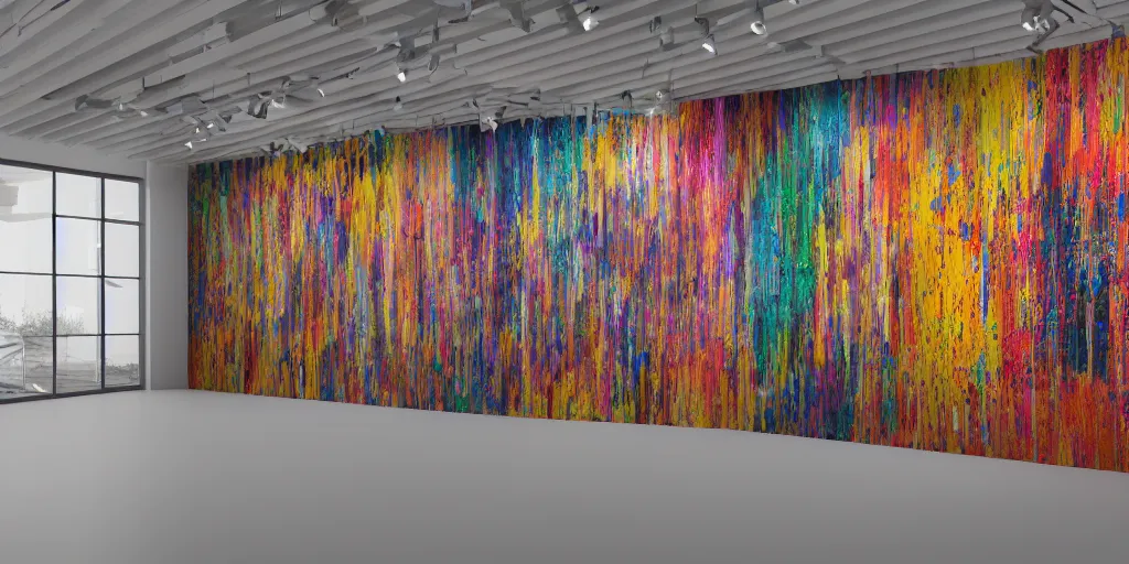 Image similar to A hyper realistic photography of an exhibition space with indigenous masks and dripping colors on the wall, photorealistic, 8k render