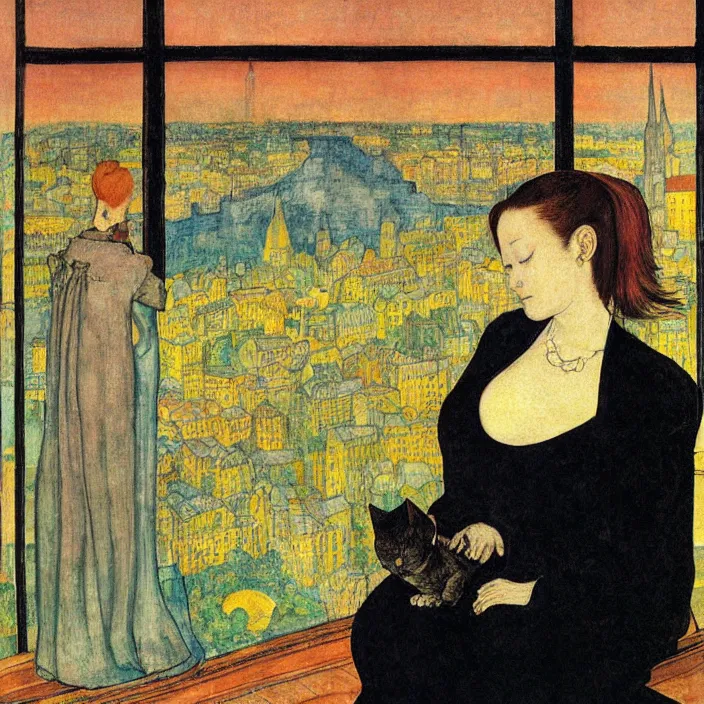 Image similar to close portrait of woman in night gown with cat, with city with gothic cathedral seen from a window frame with curtains. sunset. lucas cranach, bonnard, henri de toulouse - lautrec, utamaro