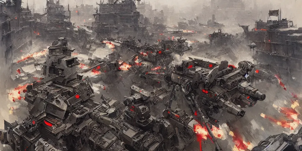 Image similar to french army and civilians are getting slaughtered by one samurai robot in the interbellum paris, very detailed painting, concept art, intense heavy street battle, bullet hell, pile of bodies, artillery bombings, blood on the streets, art by greg rutkowski and jakub rozalski