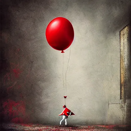 Prompt: surrealism grunge cartoon painting of a cartoon bunny and a red balloon by - michal karcz, loony toons style, pennywise style, horror theme, detailed, elegant, intricate