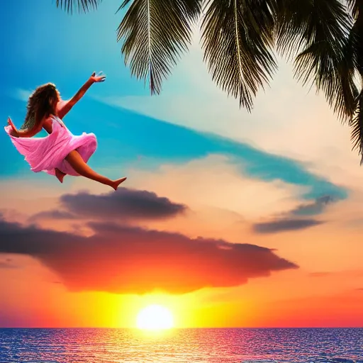 Image similar to young womens in paradise at the sea, golden hour ,joyfulness ,peaceful, holy spirit, joy, guardian angel, space as wall paper, dramatic,,,8k, ultrarealistic , highst resolution