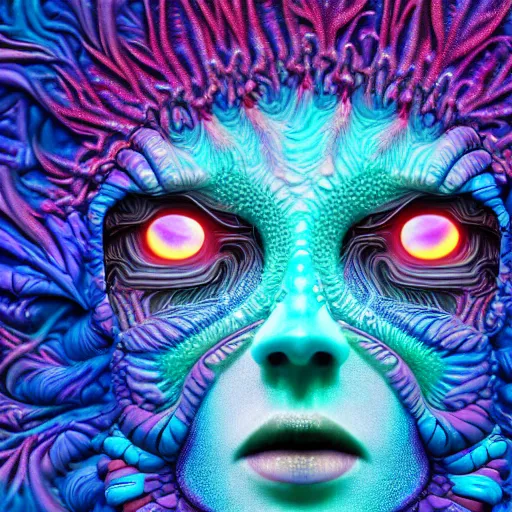 Prompt: Face of a Alien Deity, corals, plume made of fractals, extremly detailed digital painting, in the style of android jones, artwork of a futuristic artificial intelligence superstar, mystical colors, rim light, beautiful lighting, 8k, stunning scene, raytracing, octane, under water visual distortion, trending on artstation