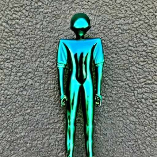 Image similar to teal green cyan and gold arcturian annunaki liquid metal bismuth andromedan martian telosian alien humanoid person 5 5 mm photography footage slightly glowing, ominous, hyperdetailed, maximalist