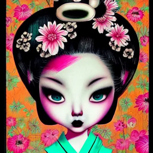 Prompt: Geisha punk girl with a futuristic hairstyle, floral background with black scribbles and wiggles, lowbrow painting by Mark Ryden