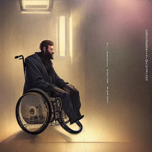 Image similar to handsome portrait of a wheelchair guy fitness posing, radiant light, caustics, war hero, smooth, one legged amputee, reflective water koi pond, ghost in the shell, metal gear solid, disabled, lush garden surroundings, by gaston bussiere, bayard wu, greg rutkowski, giger, maxim verehin
