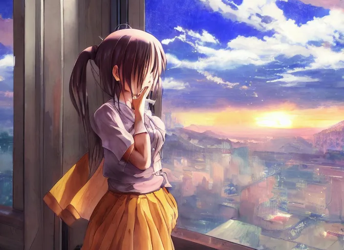 Image similar to anime girl in skirt looking out the window at megopolois and sunset, dynamic composition, motion, ultra-detailed, incredibly detailed, a lot of details, amazing fine details and brush strokes, colorful and grayish palette, smooth, HD semirealistic anime CG concept art digital painting, watercolor oil painting of Clean and detailed post-cyberpunk sci-fi close-up schoolgirl in asian city in style of cytus and deemo, blue flame, relaxing, calm and mysterious vibes,, by a Chinese artist at ArtStation, by Huang Guangjian, Fenghua Zhong, Ruan Jia, Xin Jin and Wei Chang. Realistic artwork of a Chinese videogame, gradients, gentle an harmonic grayish colors. set in half-life 2, Matrix, GITS, Blade Runner, Neotokyo Source, Syndicate(2012), dynamic composition, beautiful with eerie vibes, very inspirational, very stylish, with gradients, surrealistic, dystopia, postapocalyptic vibes, depth of field, mist, rich cinematic atmosphere, perfect digital art, mystical journey in strange world