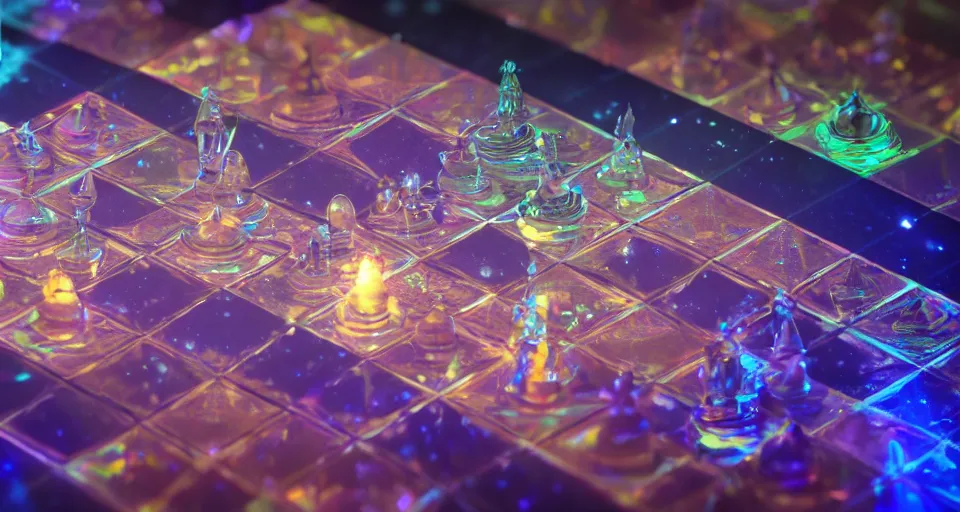 Image similar to close up of a beautiful futuristic holographic chessgame, ultra detailed, atmospheric lighting, steampunk, moody, candles, by don bluth, trending on artstation, octane render, 8 k, ultra realistic