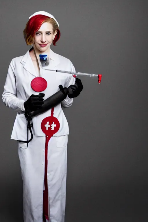 Image similar to elizabeth holmes as a psychopath nurse holding a giant syringe, cosplay, studio lighting, marvel, villainess