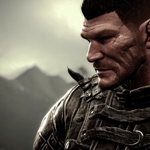 Image similar to character screenshot of michael bisping, npc talking, skyrim, wilderness, 1 0 8 0 p, bokeh, elder scrolls v, detailed, dialog text, eyepatch