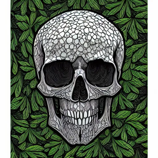 Prompt: skull inspired by Dan Mumford,ivy vines,leaves