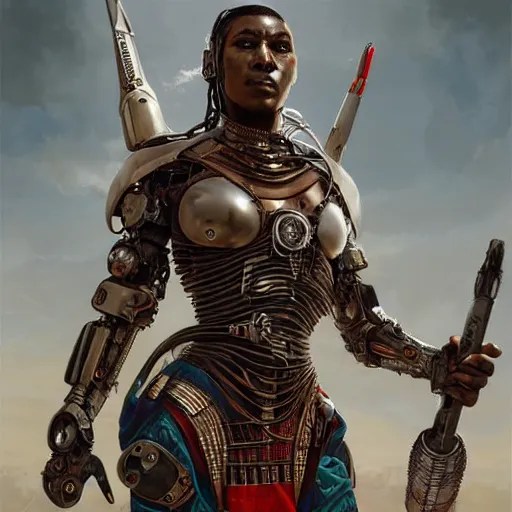 Image similar to a cyborg version of a maasai warrior carrying a futuristic spear and shield ultra realistic, concept art, intricate details, eerie, horror, highly detailed, photorealistic, octane render, 8 k, unreal engine. art by artgerm and greg rutkowski and alphonse mucha