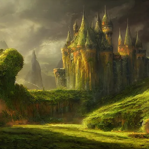 Image similar to a castle with alot of vegetation casper david friedrich raphael lacoste vladimir kush leis royo volumetric light effect broad light oil painting painting fantasy art style sci - fi art style realism artwork unreal engine