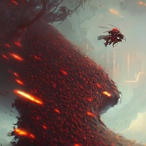 Prompt: Justin Sun covered in crimson-black bee swarm, close up, high quality 8k octane render by Peter Mohrbacher