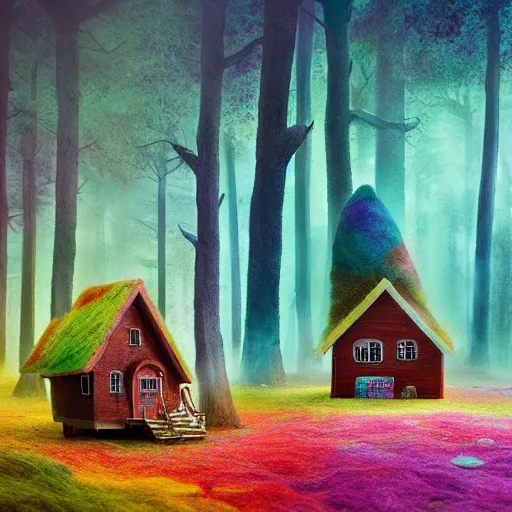 Image similar to small wooden house in the middle of enchanted forest, bright colours, watercolor, volumetric wool felting, macro photography, children illustration, by mike winkelmann