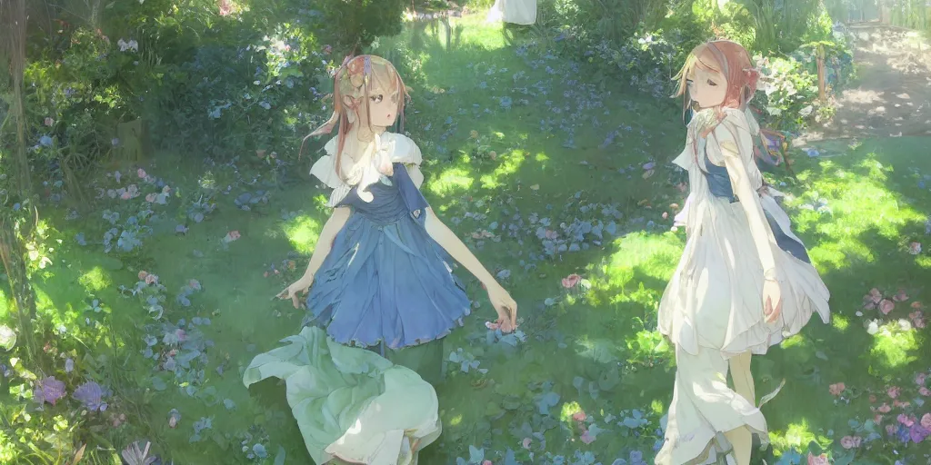 Image similar to a depressed digital art, loli in dress, garden, green and warm theme, blue accents, back lighting, highly detailed, 4 k resolution, trending on art station, by krenz cushart and mucha and akihito yoshida and greg rutkowski and makoto shinkai