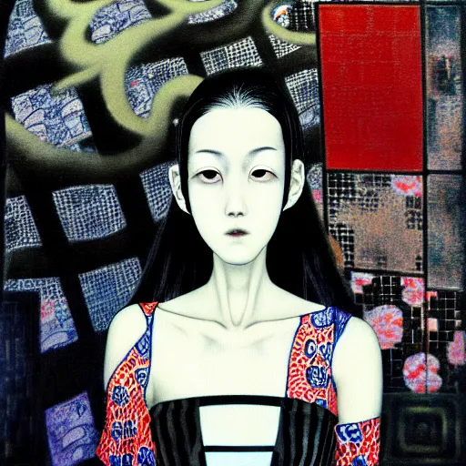 Image similar to yoshitaka amano blurred and dreamy realistic portrait of a young woman with black lipstick and black eyes wearing mask and dress suit with tie, junji ito abstract patterns in the background, face in three quarter view, satoshi kon anime, noisy film grain effect, highly detailed, renaissance oil painting, weird portrait angle, blurred lost edges