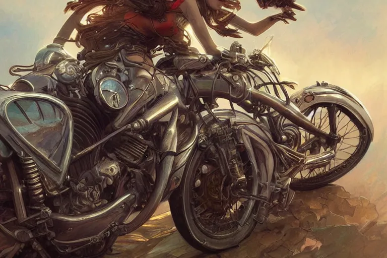 Image similar to 1950 Motorcycle, fantasy, elegant, intricate, highly detailed, digital painting, artstation, concept art, sharp focus, illustration, art by artgerm and greg rutkowski and alphonse mucha