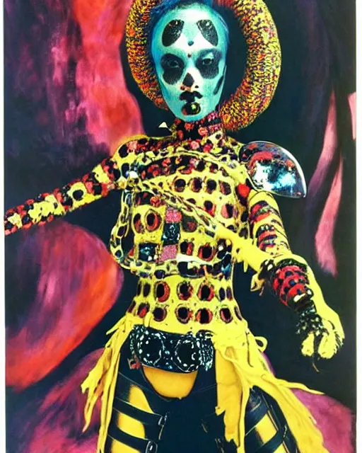 Image similar to portrait of a skinny punk goth yayoi kusama wearing armor by simon bisley, john blance, frank frazetta, fantasy, thief warrior, colourful fur!!