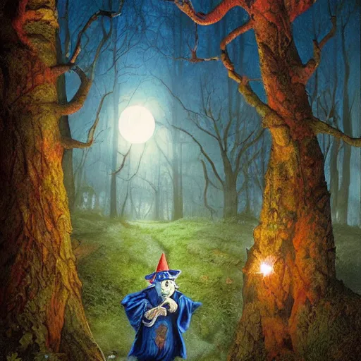 Prompt: Rincewind is panicking in the Forbidden Forrest, at night, full moon, blue tones, etailed, hyperrealistic, colorful, cinematic lighting, digital art by Paul Kidby