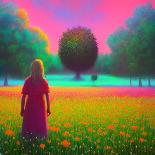 Image similar to flower face, girl standing in flower field, surreal photography, big trees, sunrise dramatic light, impressionist painting, colorful clouds, digital painting, pointillism, artstation, simon stalenhag