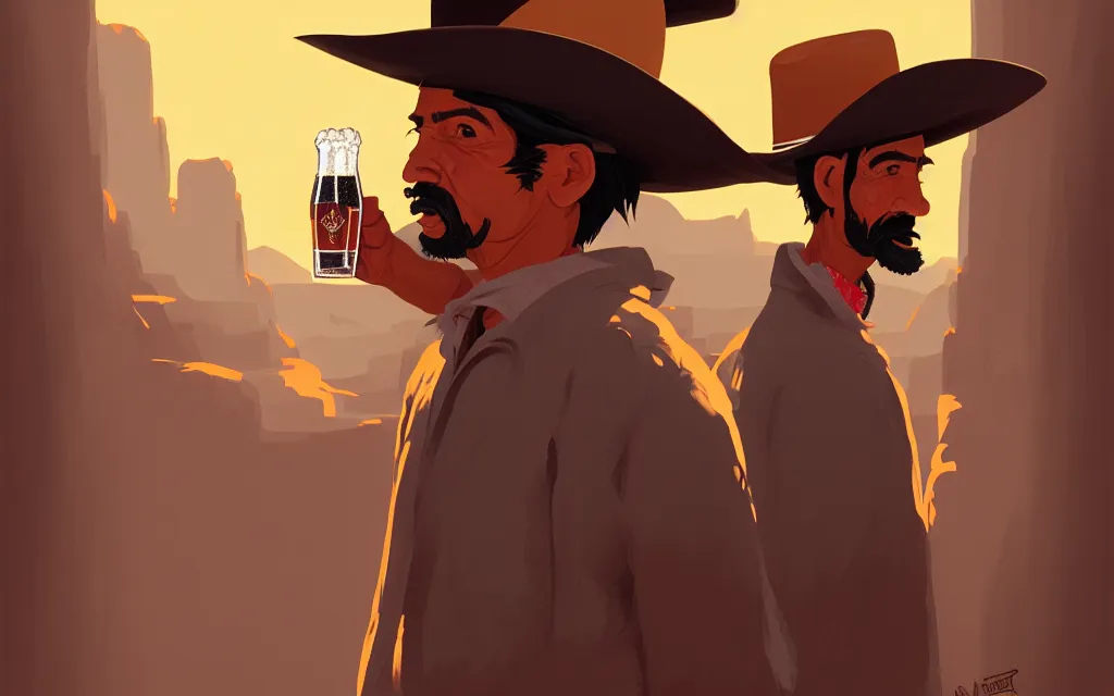 Image similar to juan caloto beer illustration of a mexican man,, with one small, dirt, wild west, with hat, drinking a beer at train station, fantasy, intricate, elegant, highly detailed, digital painting, artstation, concept art by makoto shinkai, ilya kuvshinov, lois van baarle, rossdraws, basquiat,