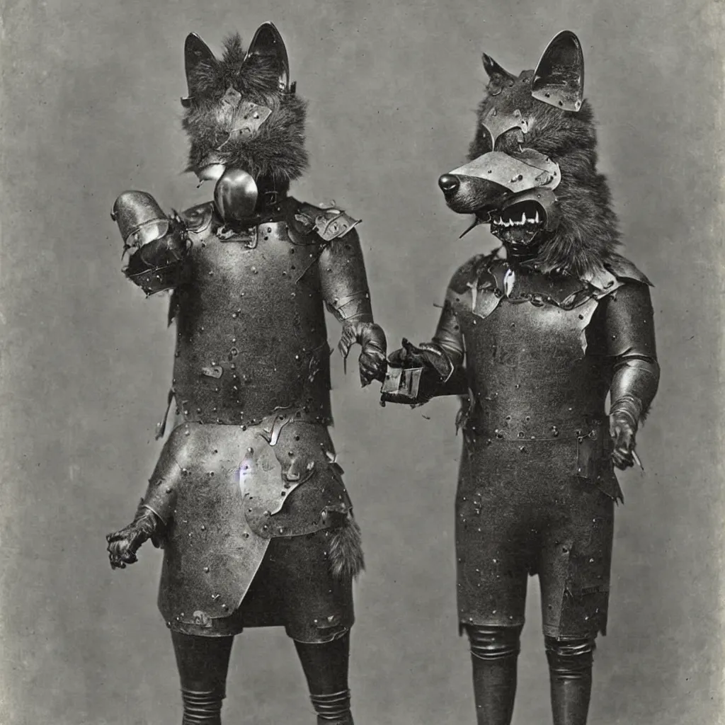 Image similar to anthropomorphic furry wolf in suit of armor, 1900s photograph