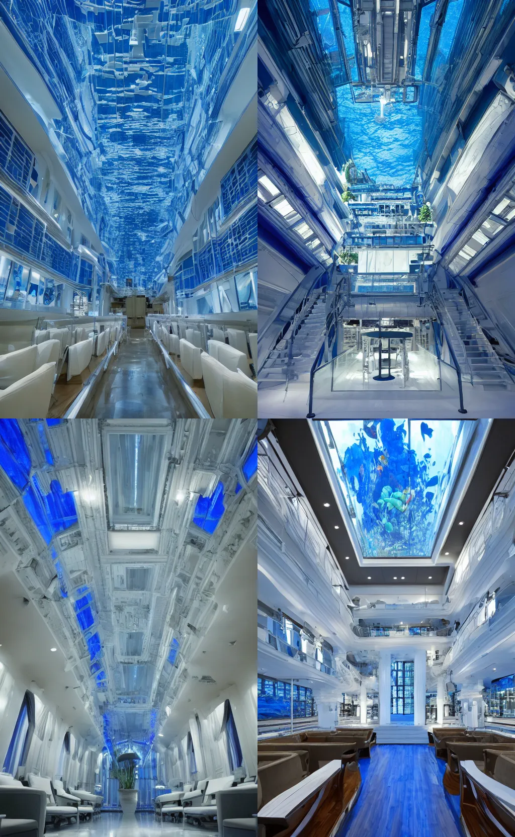 Prompt: interior architecture, huge windows looking into the Mariana Trench, deep underwater, tall ceilings, blue lighting, dim