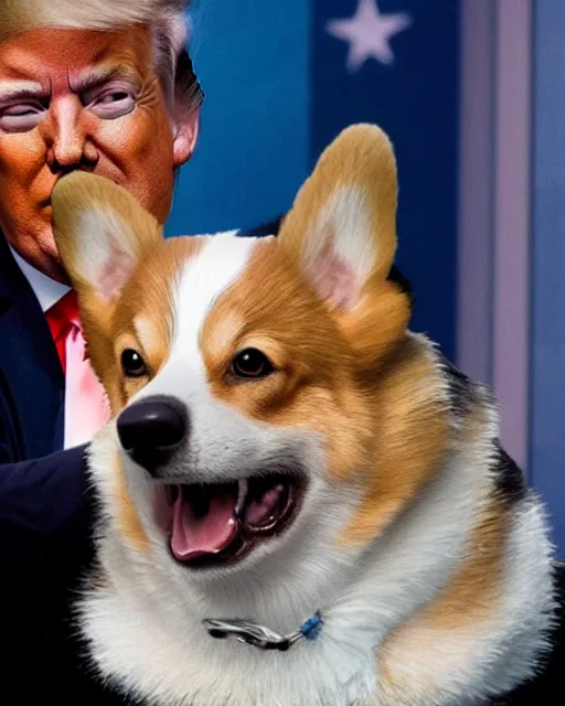 Prompt: president donald trump has a corgi head, photorealistic