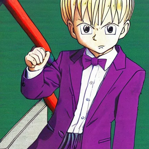 Image similar to pale little boy wearing a purple suit, artwork by toriyama togashi