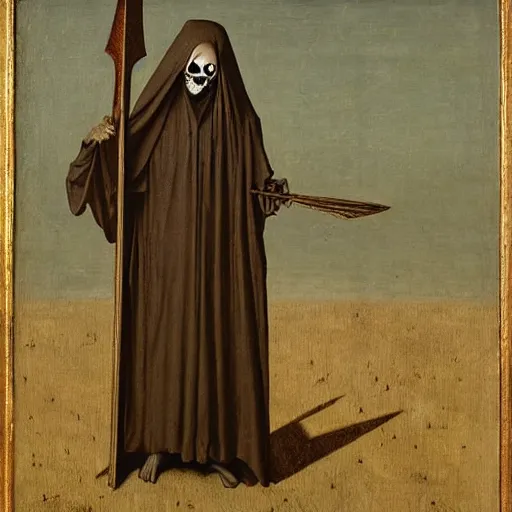 Image similar to portrait of a veiled skeleton grim reaper holding a scythe at dusk, by Jan van Eyck