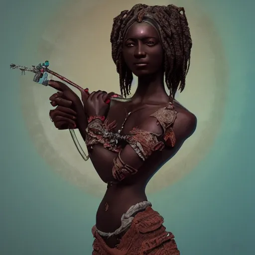 Prompt: Dark skin female goddess of love, three-quarter body, oil on canvas, renaissance, assassin, aquamarine, hyper-detailed, 3d octane render , digital art