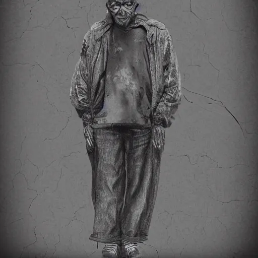 Image similar to detailed half body digital art of a old person wearing ragged and ruined clothes. the background is pure black with a little bit of glow behind the character