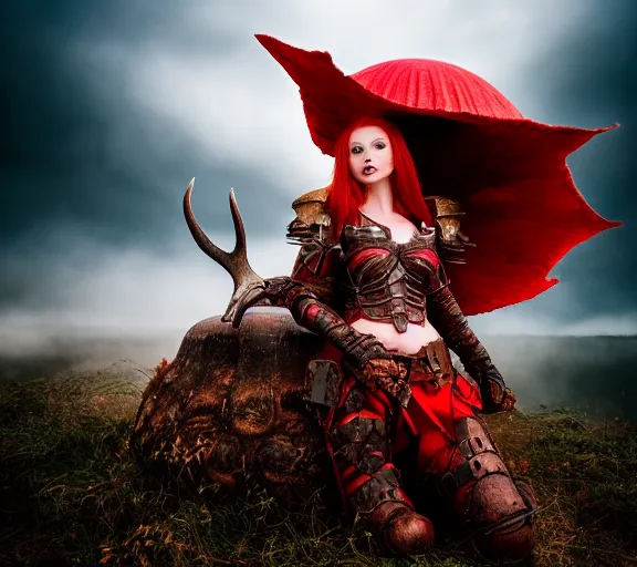 Image similar to a photo of an armored woman warrior redhead with antlers sitting on a giant red cap mushroom that covers a whole village and reaches above the clouds by luis royo. intricate. lifelike. soft light. sony a 7 r iv 5 5 mm. cinematic post - processing