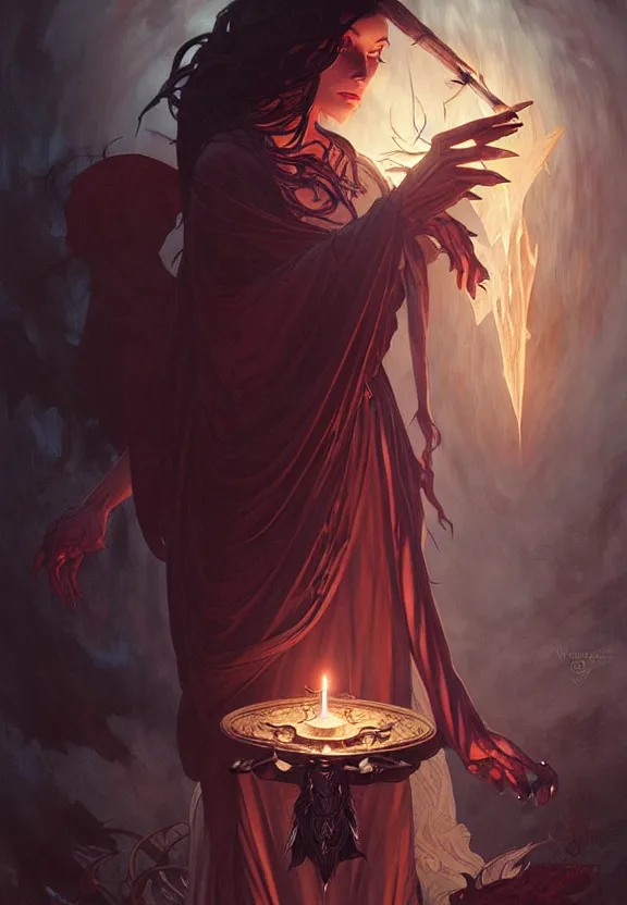 Image similar to occultist witch conjuring a demon, fantasy magic, dark light night, intricate, elegant, sharp focus, illustration, highly detailed, digital painting, concept art, matte, art by wlop and artgerm and greg rutkowski and alphonse mucha, masterpiece