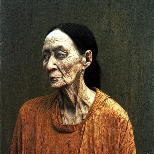 Prompt: portrait of 200 years old girl, painting by Beksinski